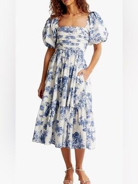 Abercrombie & Fitch Women's Emerson Poplin Puff Sleeve Midi Dress